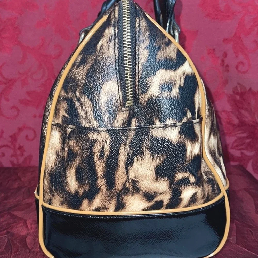 Calvin Klein Leopard Print Satchel Bag Black‎ Patent Trim Gold Hardware Handbag